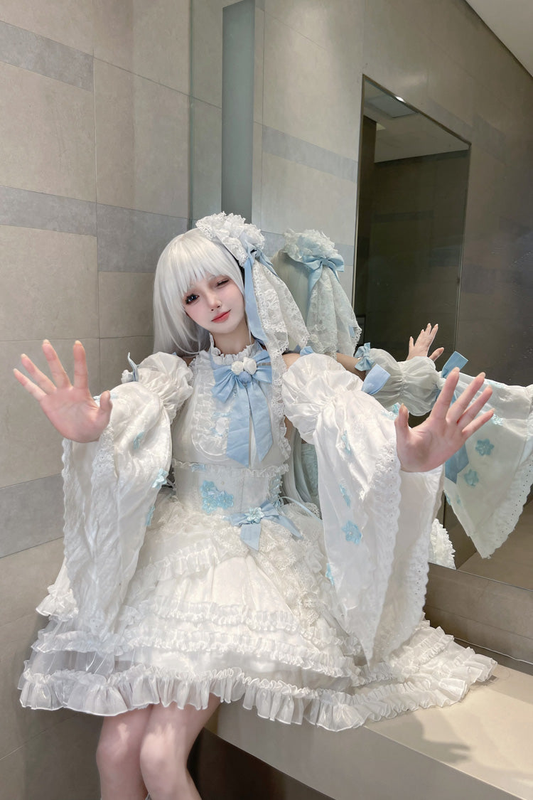 White Detachable Trumpet Sleeve Triple Ruffle Bow Lace Sweet Dress