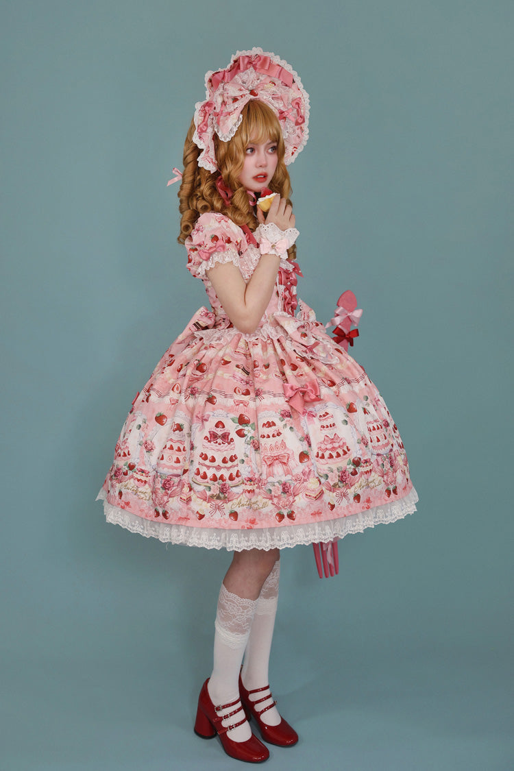 Strawberry Cake Bouquet Print Square Collar Short Sleeve Bow Lace Sweet Lolita Dress - 3 Colors