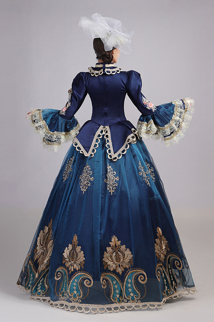 Blue Trumpet Sleeve Victorian Gown - 3D Flower Hollow Embroidery