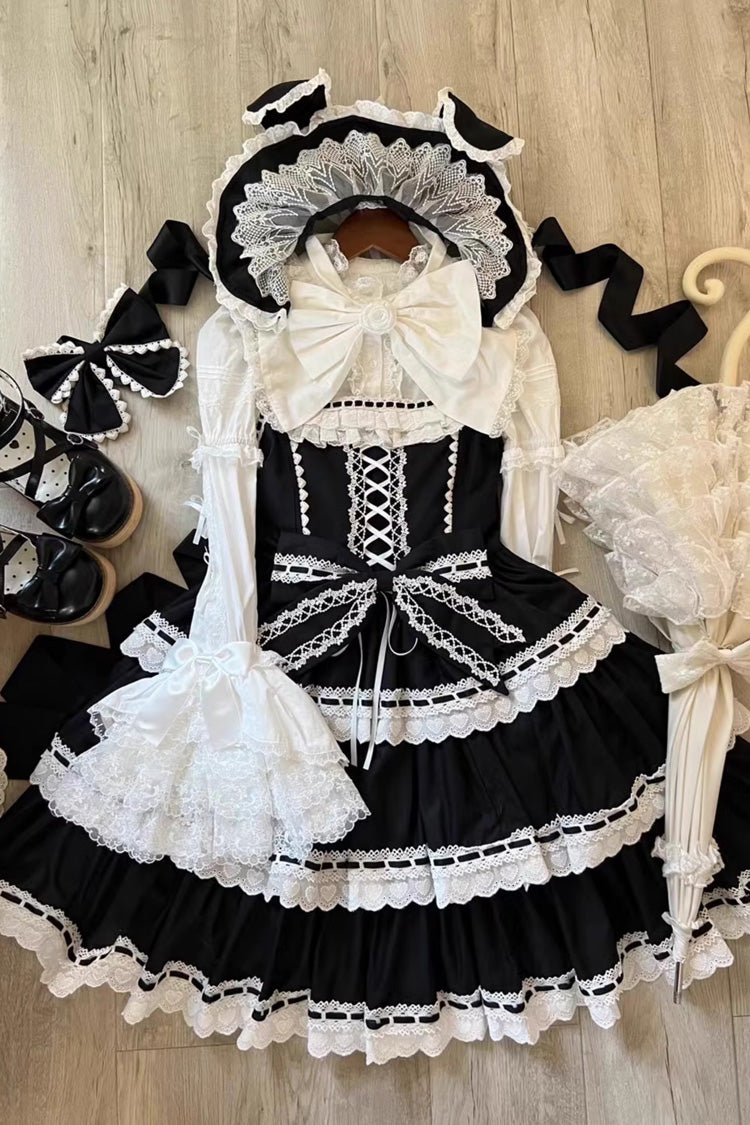 Black Maiden Heart Triple Layer Ruffle Bow Lace Sweet Jsk