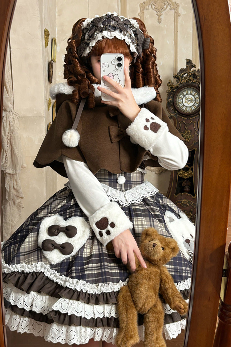 Brown Long Sleeves Triple-Layered Printed Ruffled Bow Sweet Lolita Jsk Dress Set