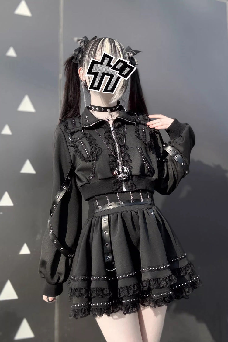 Ruffled Lace Zippered Gothic Jirai Kei Handsome Skirt Set