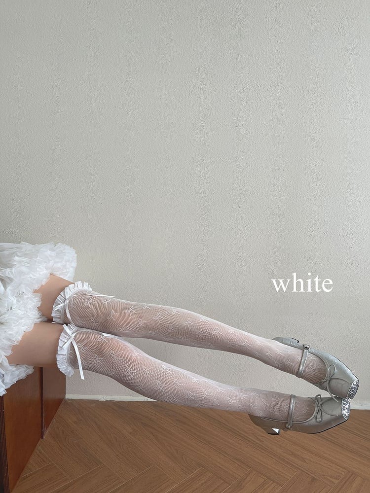 Trim White/Light Details Bowknot Stockings Overknee Lace Yellow/Black