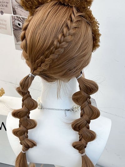 Wig Braided Brown Bangs Synthetic Full and With Ponytails Double