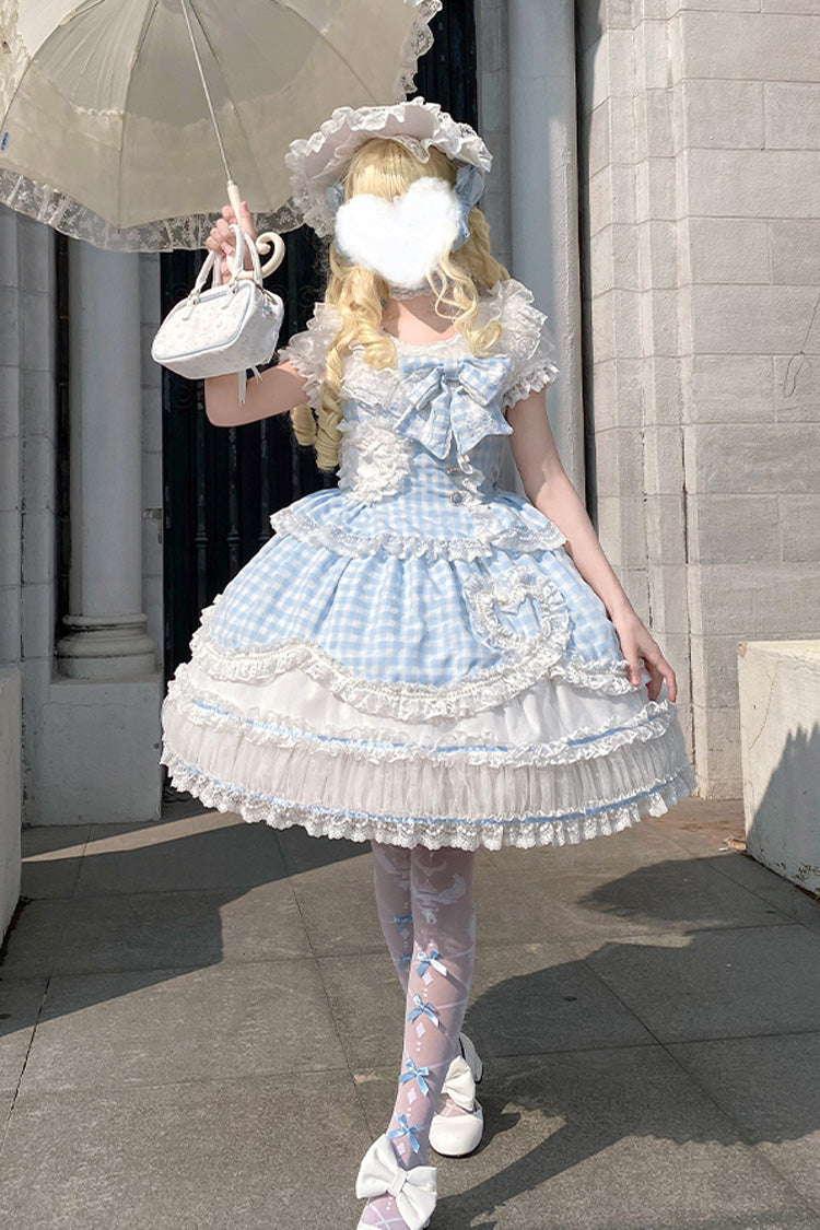 Tea Break Sweetheart Short Sleeve Plaid Print Ruffle Sweet Lolita Gown