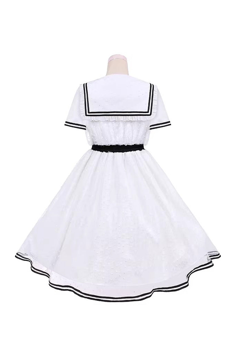 White Seaside Sweetheart Chiffon Navy Collar Short Sleeves Ruffled Lace-Up Slim Sailor Sweet Dress