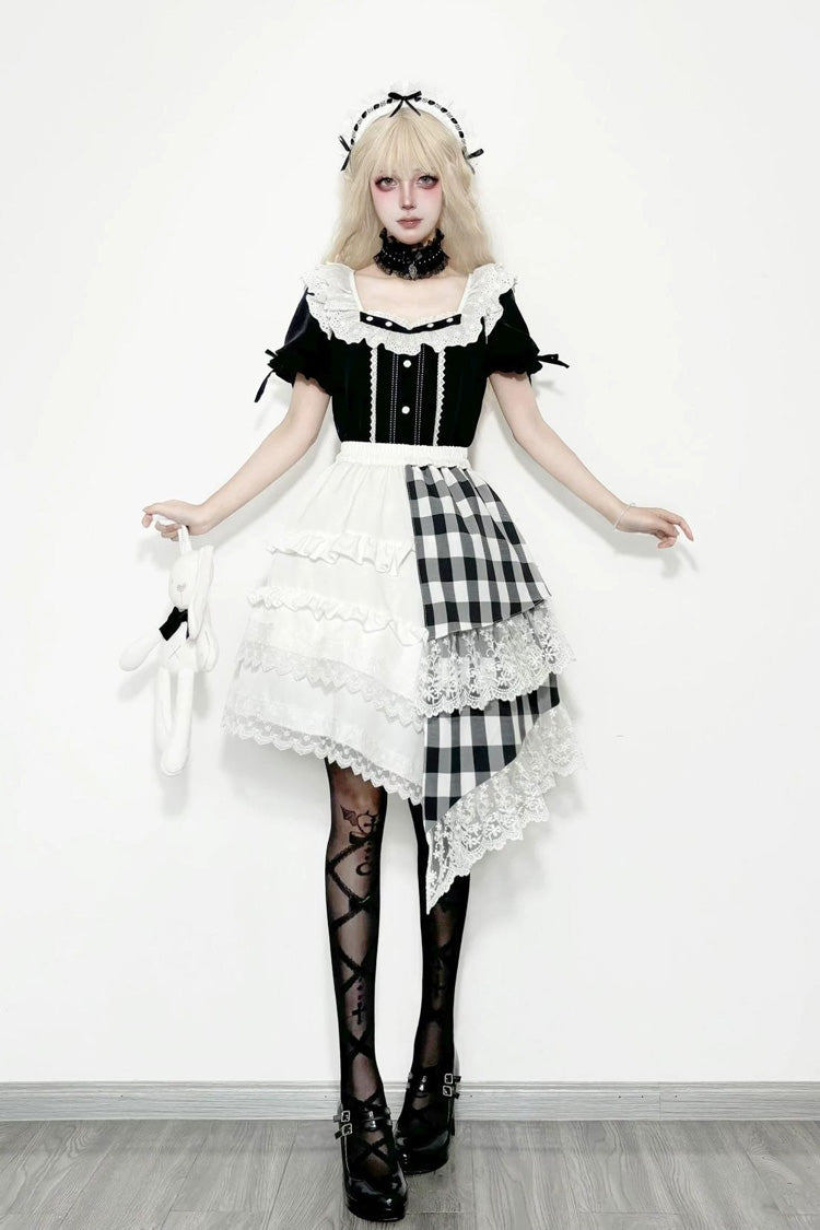 Monochrome Plaid Gothic Skirt Set with Lace and Asymmetric Hem