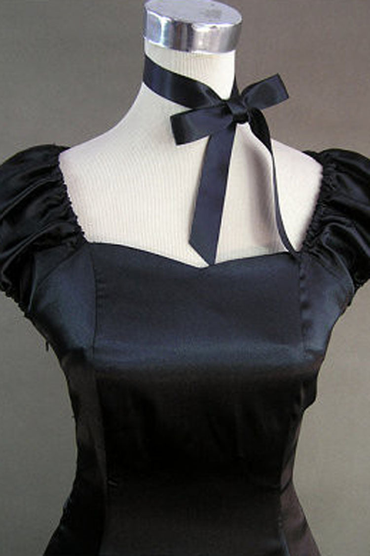 Black Cotton Square Collar Cap Sleeve Floor-Length Victorian Dress