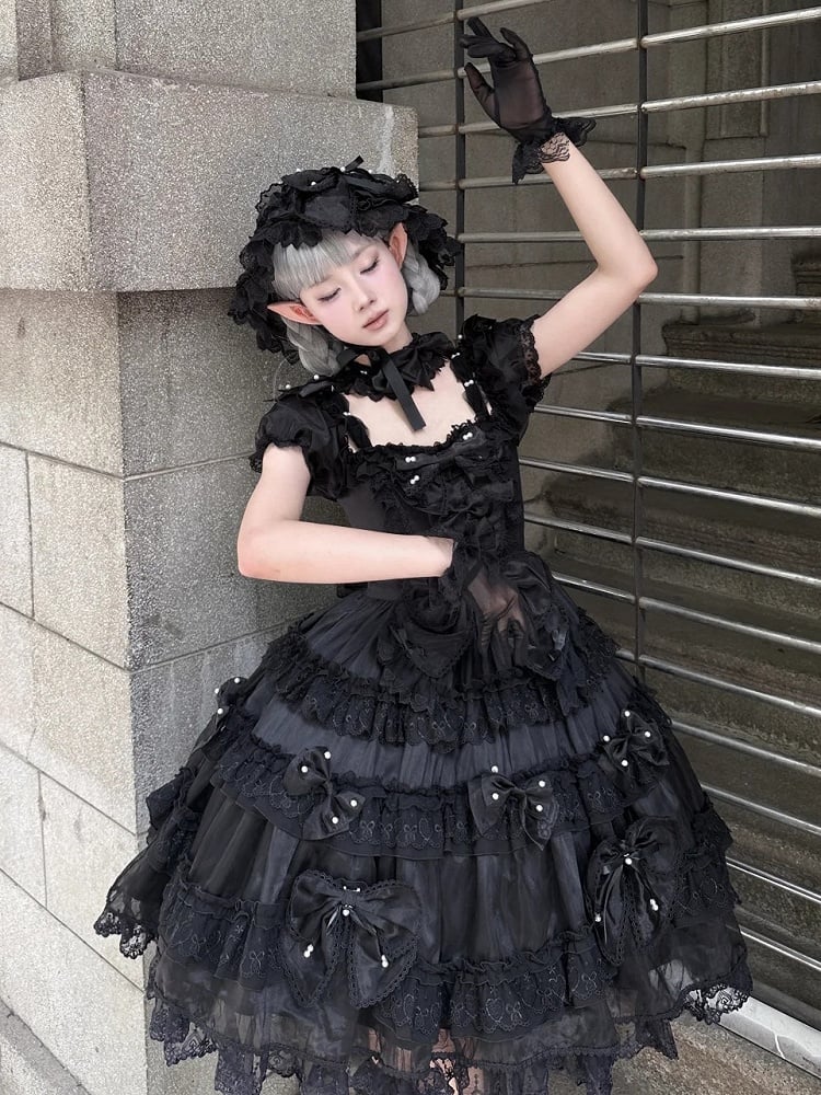 Princess Big Bead Lolita and Back Accents at with All Bow Details Black Dress