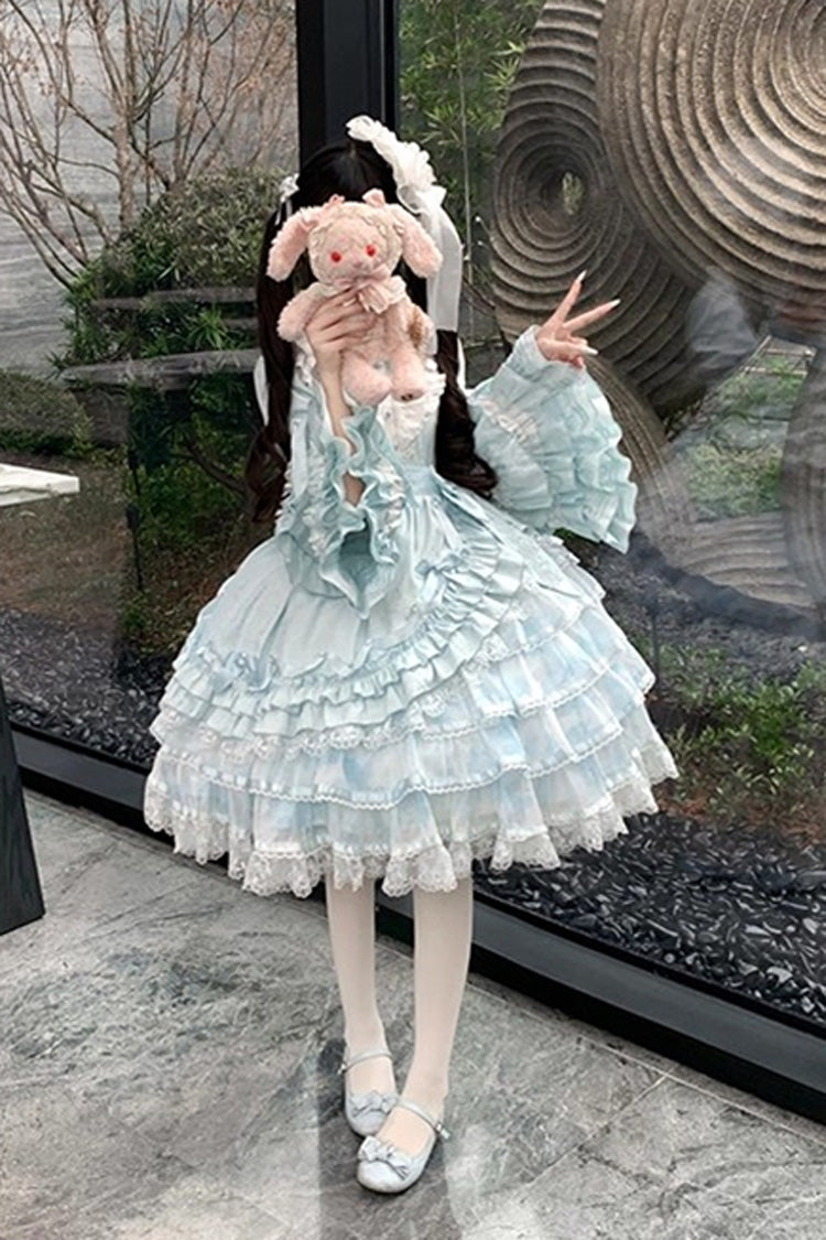 Soloist Doll Long Hime Sleeve Layered Print Ruffle Asymmetric Sweet Lolita Dress
