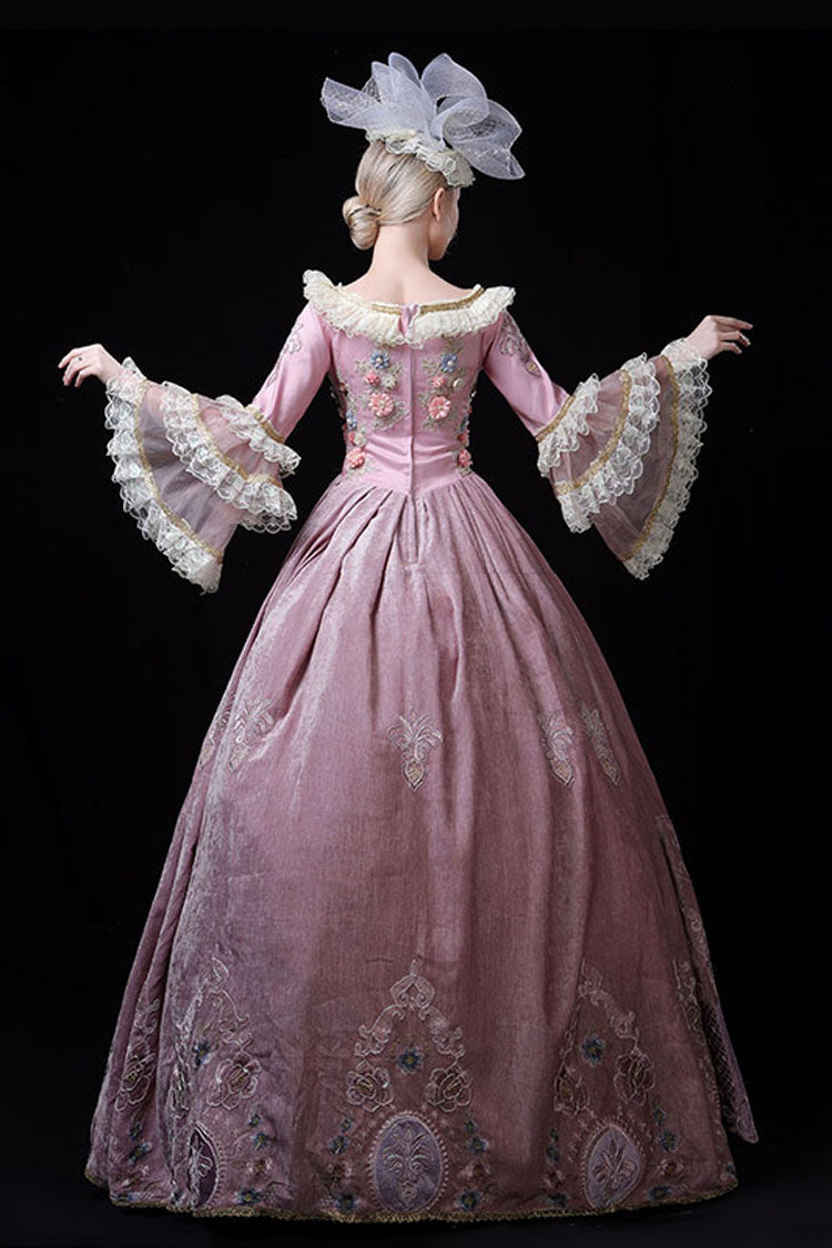 Pink Multi-Layer Trumpet Sleeve Victorian Gown - 3D Flower Embroidery