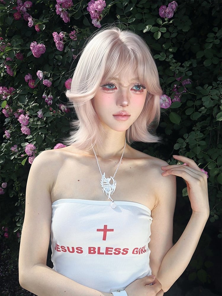 Curtain Pink Wig Length Bangs With Short 35CM Light