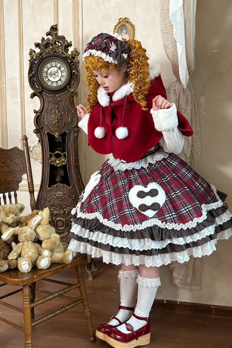 Red Long Sleeves Triple-Layered Printed Ruffled Bow Sweet Lolita Jsk Dress Set