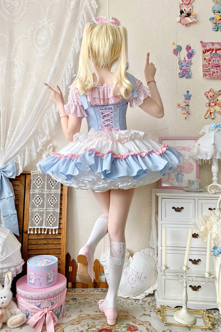 Light Blue Pink White Fairy Tale Overture Triple-Layered Ruffle Bow Fishbone Ballet Dress