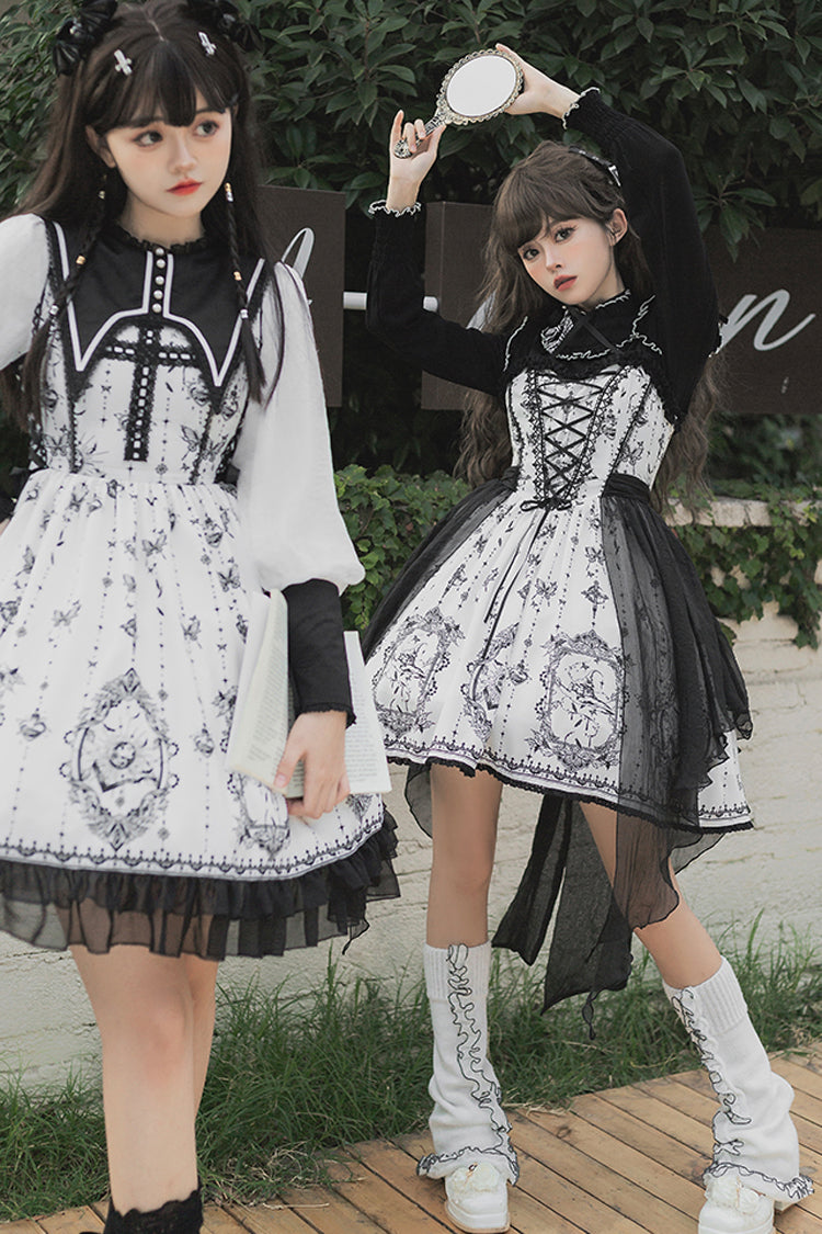 Monochrome Lace Butterfly Print Gothic Lolita One-Piece Dress