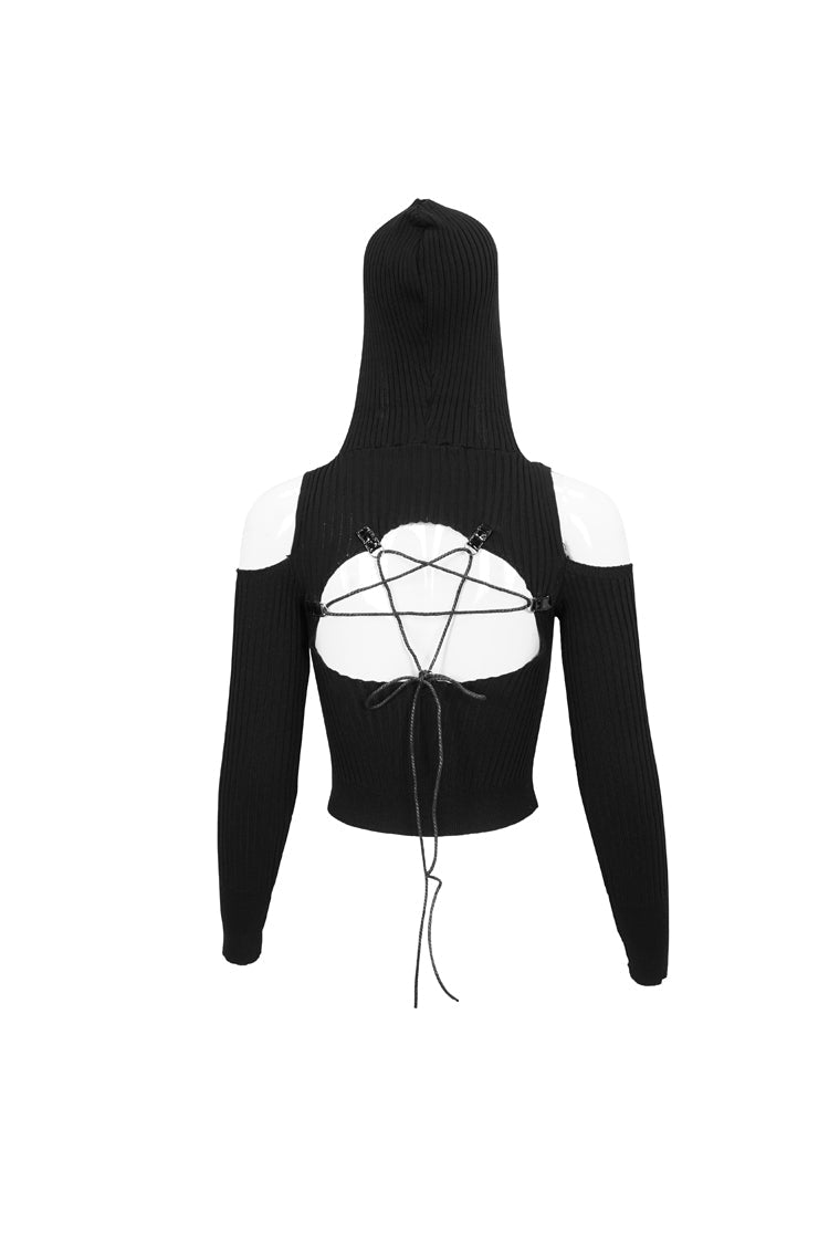 Women's Punk Wool Knit Long Sleeve Sweater with Hooded Off-The-Shoulder Back Cutout Rope String Upside Down Pentagram