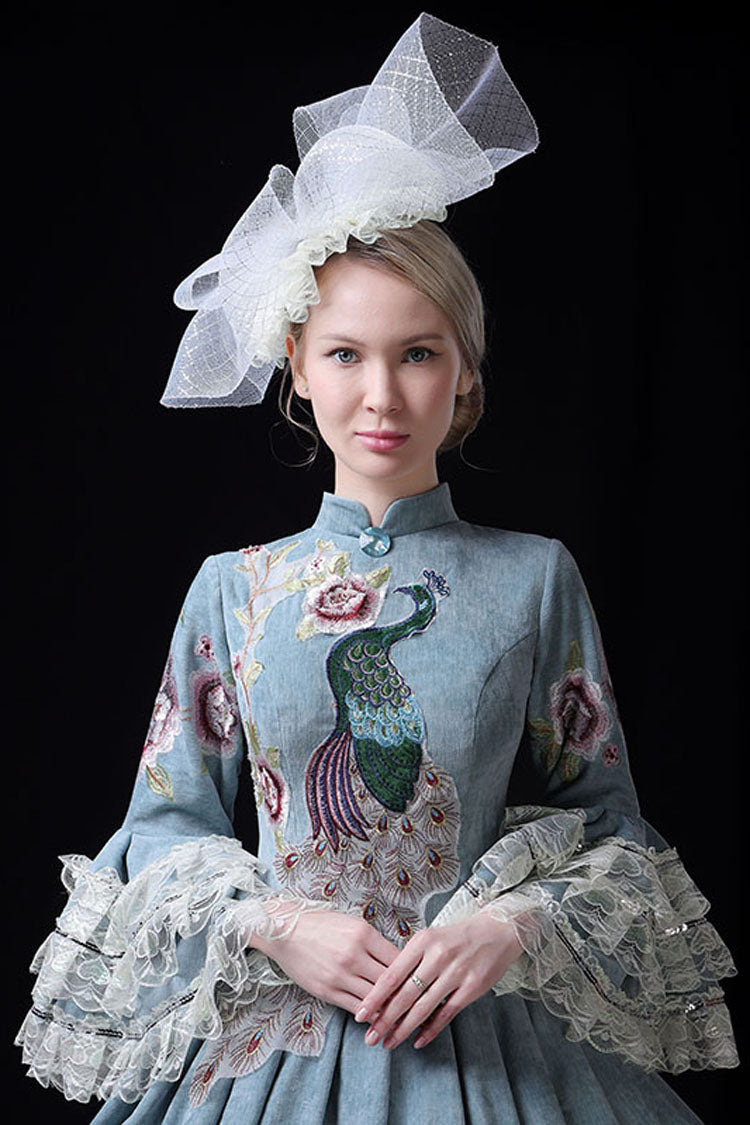 Blue Peacock Embroidery Victorian Gown - Multi-Layer Trumpet Sleeves