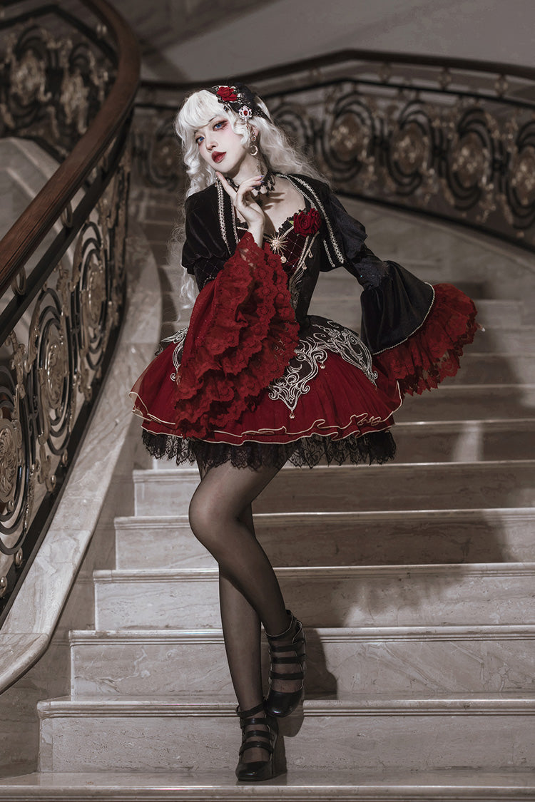 Black Red Blood Clan Feast Ruffle Embroidery Lace Gothic JSK Set