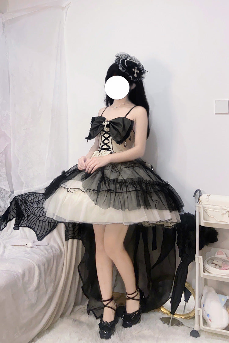 Monochrome Gothic Plus-Size JSK with Lace-Up Front and Hanayome Ruffles - Short