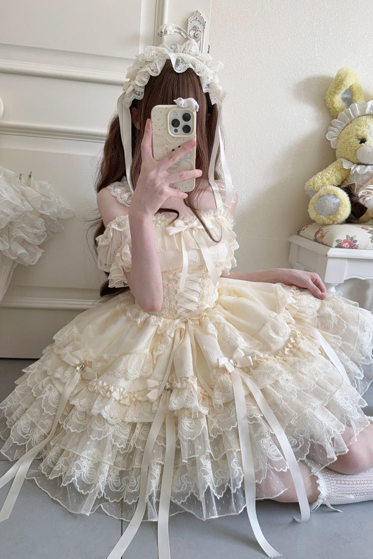 Peach Sleeveless Layered Ruffle Bow Lace Corset Ballet Jumper Dress - Ribbon Heart Love