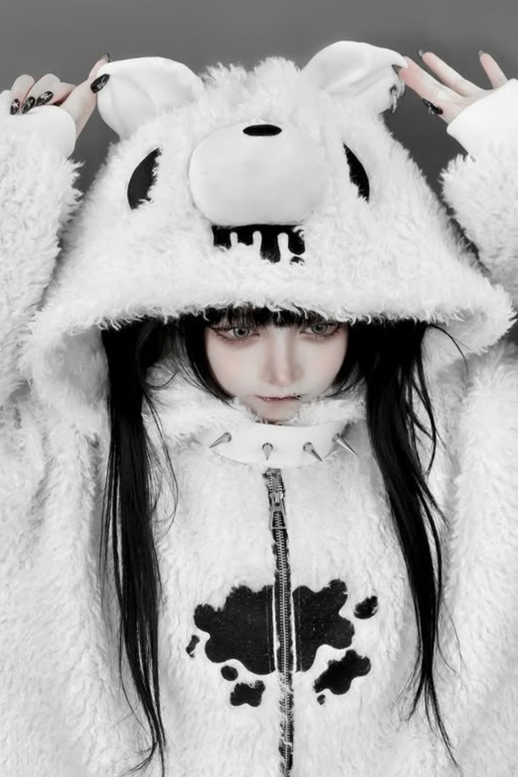 Ivory Bear Ear Hooded Zip-Up Dark Jirai Kei Coat