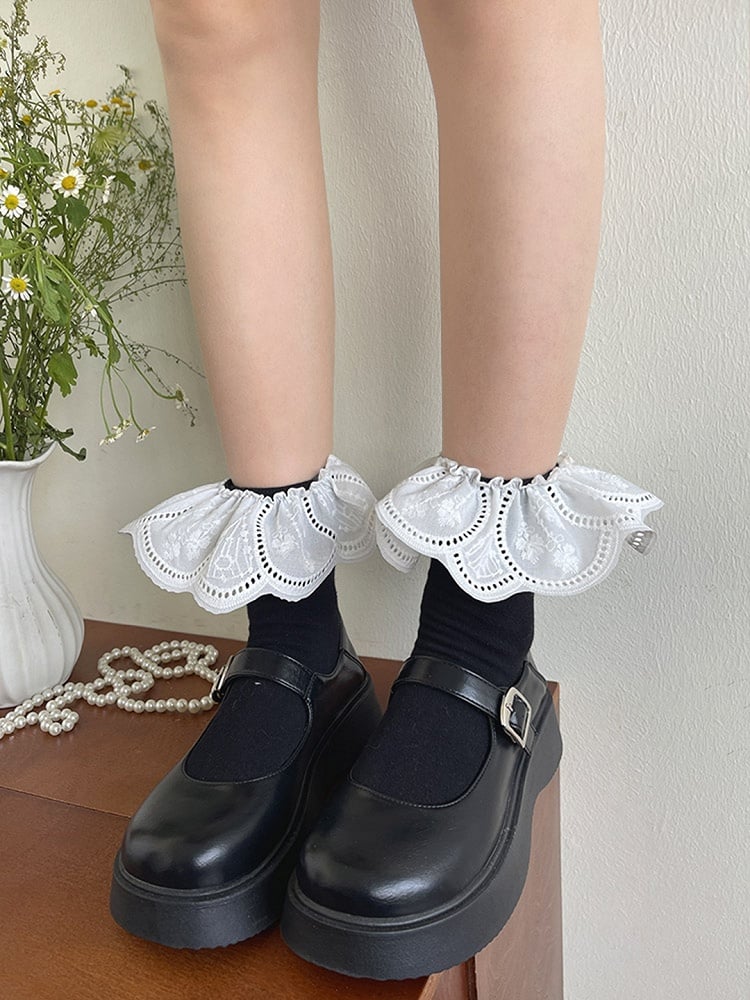 with Floral Black/White White Trim Pattern Calf Lace Socks