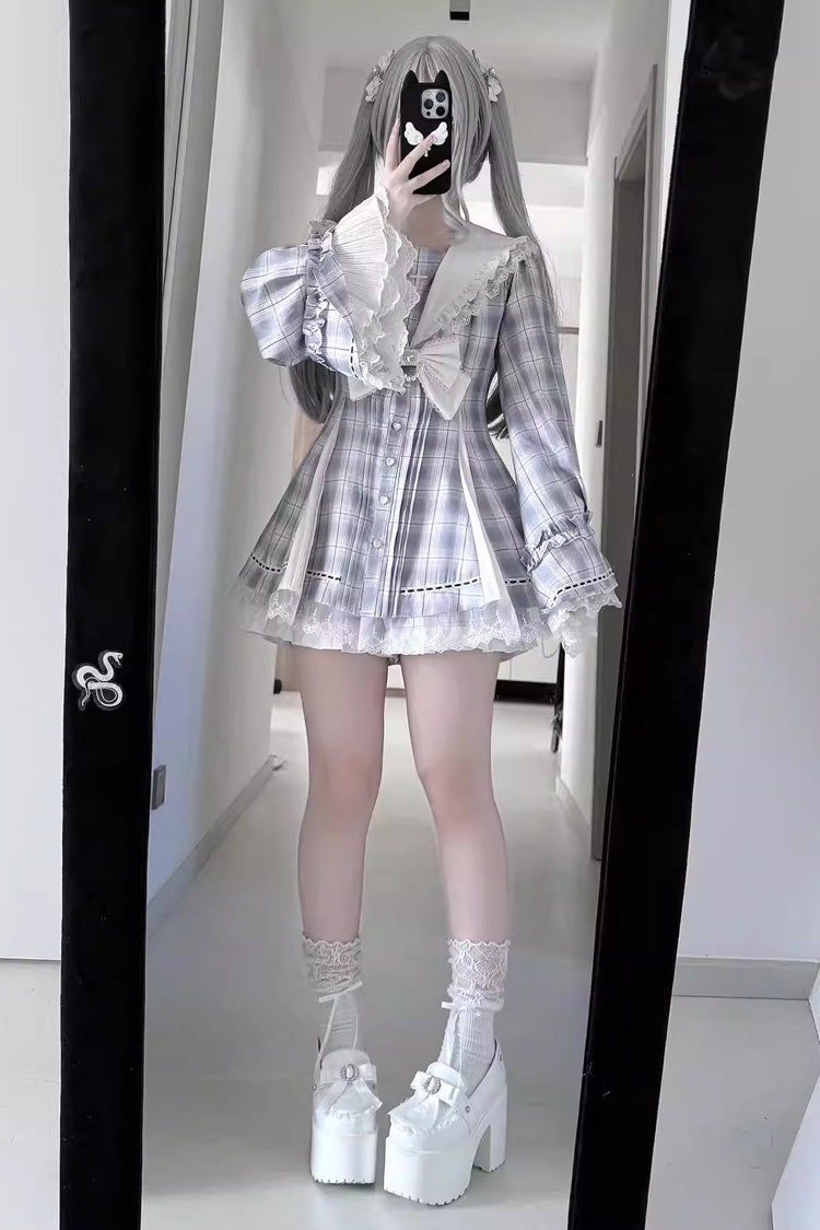 Square Collar Long Sleeves Bow Lace Pearl-Decorated Sweet Jirai Kei Dress and Short Set