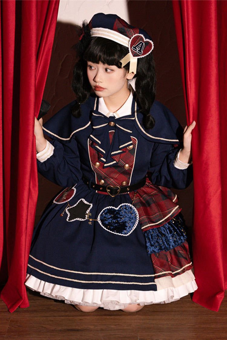 Red Dark Blue Starlight Academy Style Long Sleeves Printed Ruffled Spliced Asymmetric Faux Two-Piece Sweet Dress