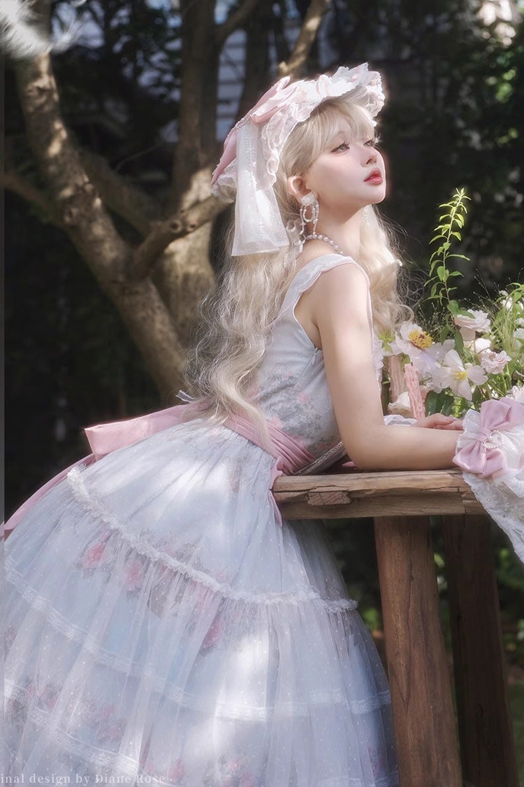 Rose Flower Cage Printed Ruffled Bow Sweet Elegant JSK