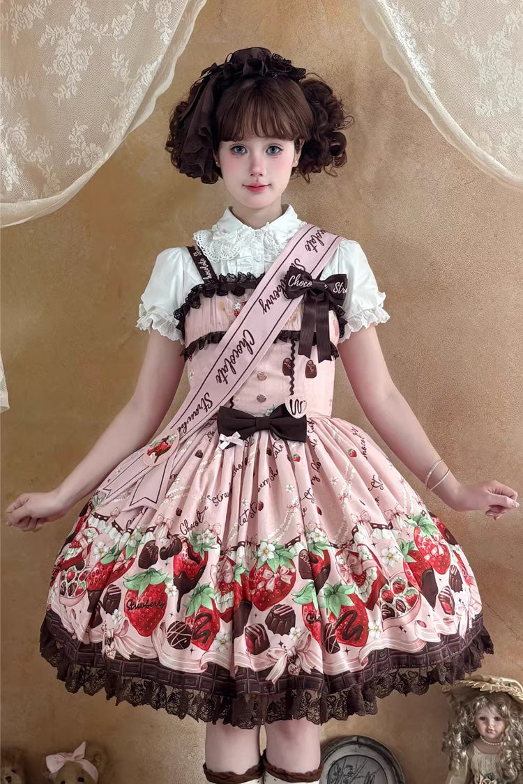 Sleeveless Printed Ruffled Embroidered Bow Lace Sweet Lolita Jsk Dress - Strawberry Chocolate Lover