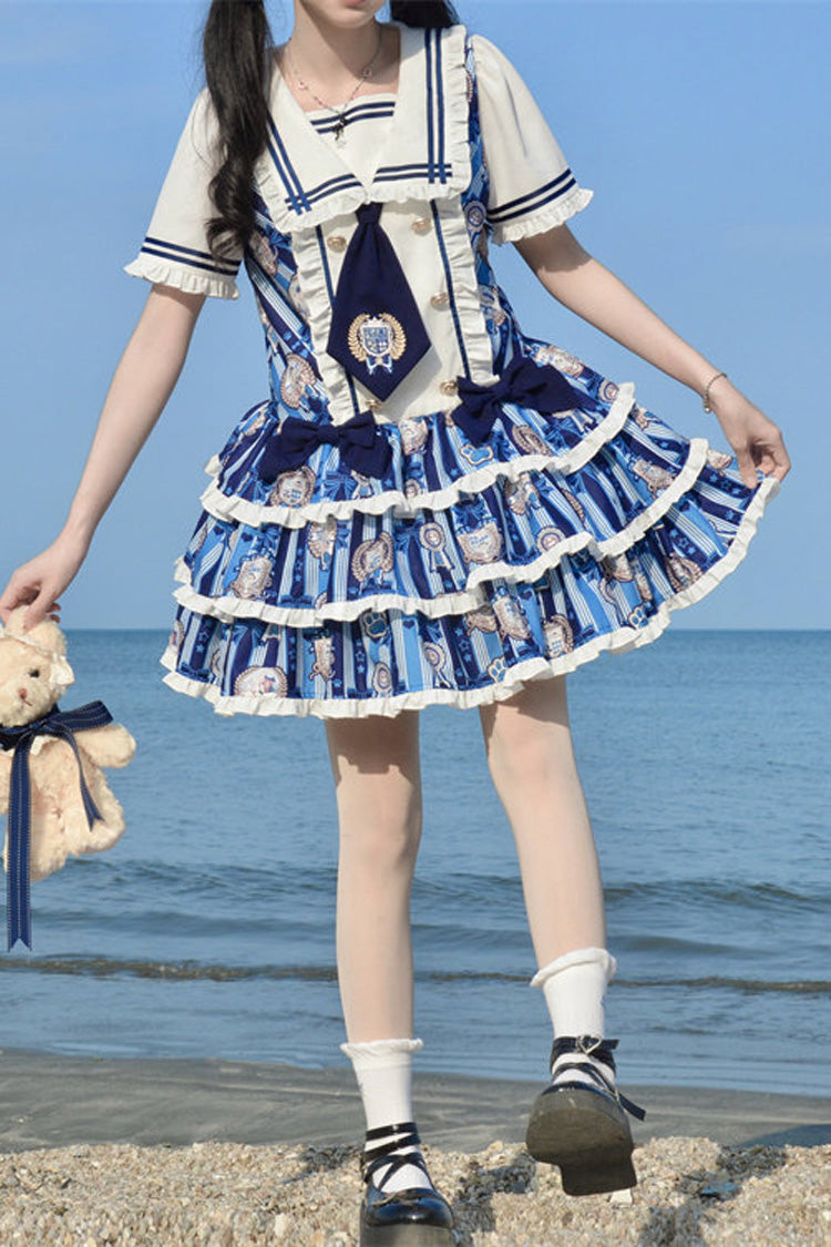 Blue Glory of the Dog Navy Collar Short Sleeves Low Waisted Triple-Layered Printed Ruffled Bow Sweet Dress