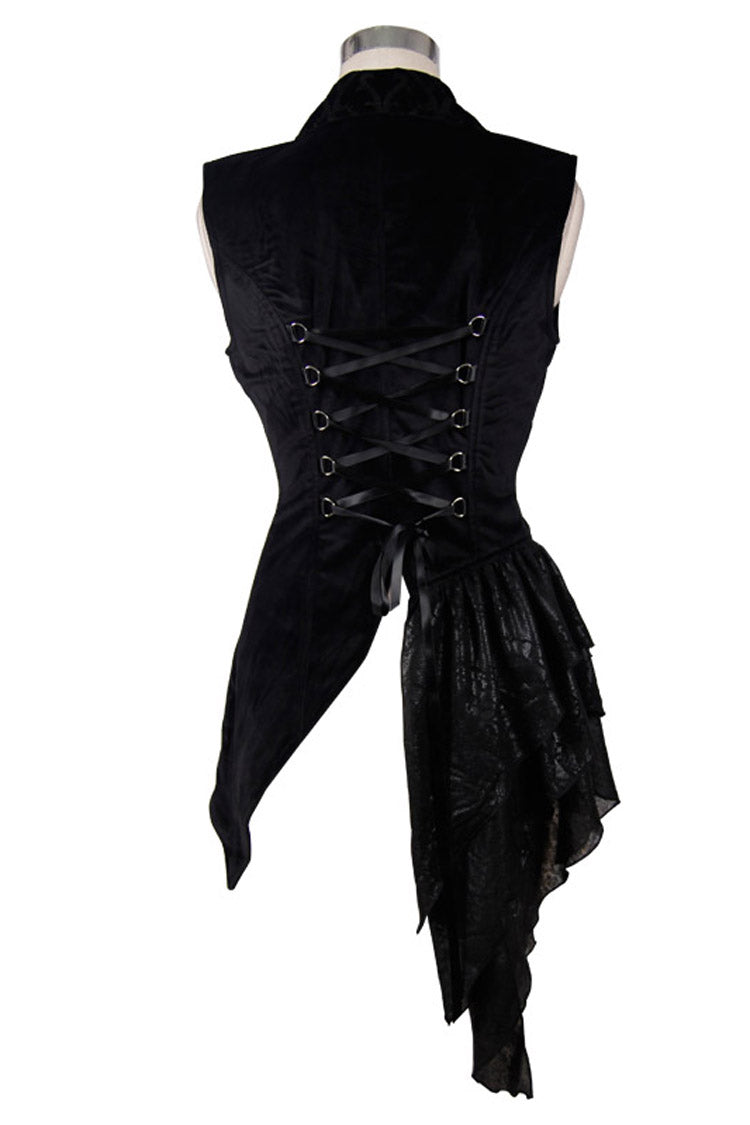 Noir Velvet Gothic Waistcoat with Frog Closures and Asymmetric Hem