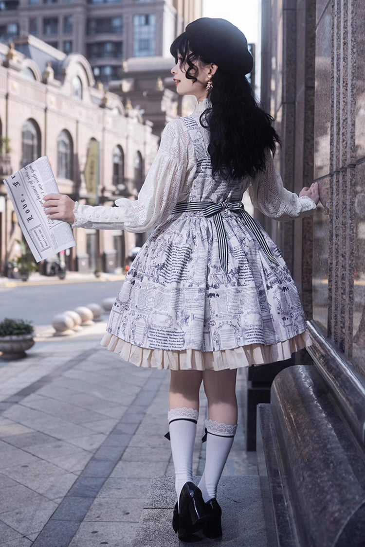 White Classic Lolita Strap Dress with Vintage Berlin Print and Apron