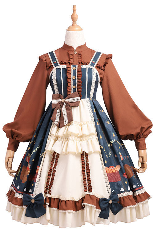 Christmas Bread Squirrel Print Cardigan Bowknot Multi-Layer Ruffled JSK