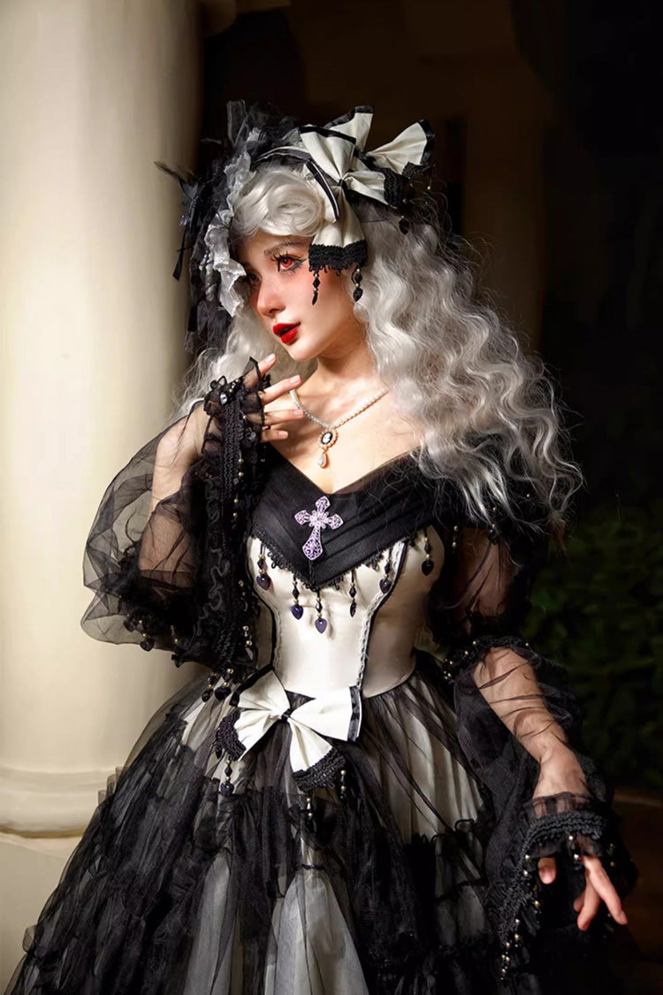 Monochrome Gothic Plus-Size JSK with Lace-Up Front and Hanayome Ruffles - Long