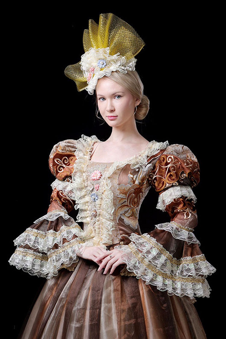 Coffee Multi-Layer Trumpet Sleeve Victorian Gown - 3D Flower Embroidery