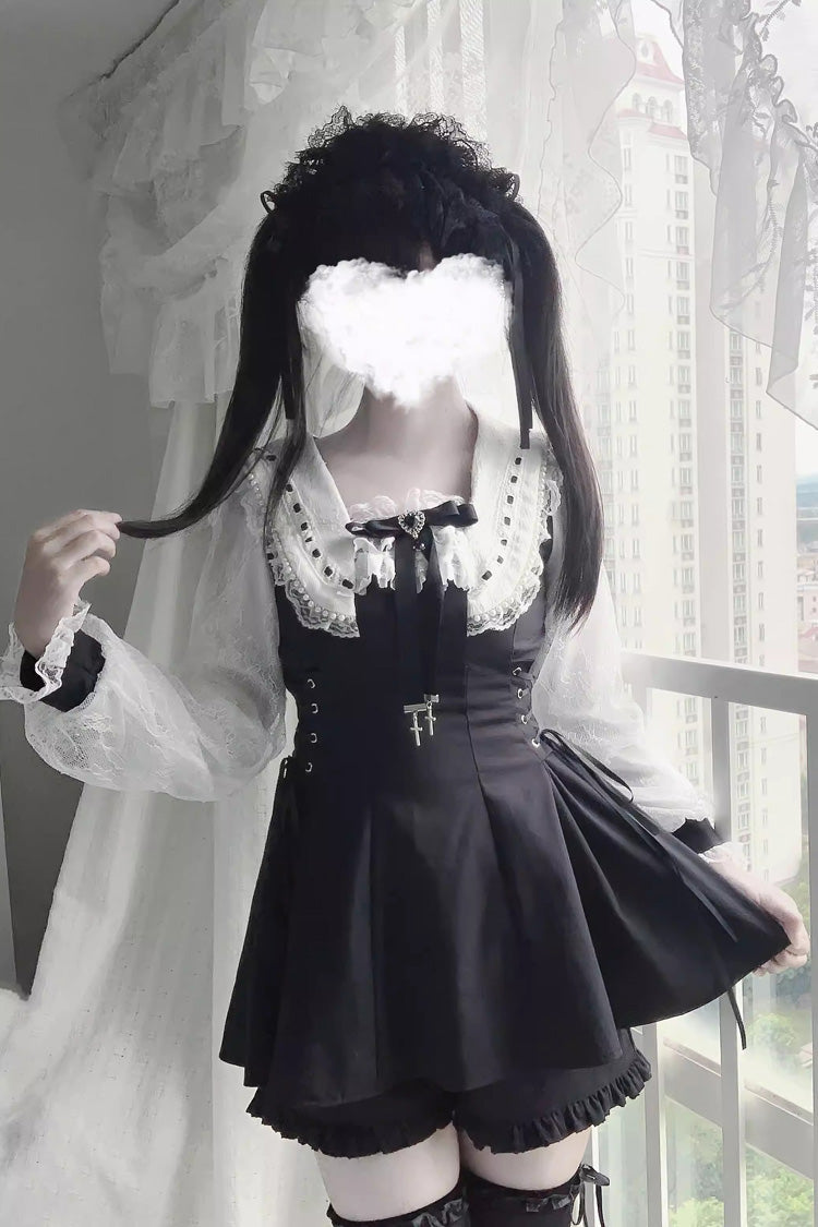 Square Collar Long Sleeves Printed Bow Lace Pearl-Decorated Gothic Japanese Dress Shorts