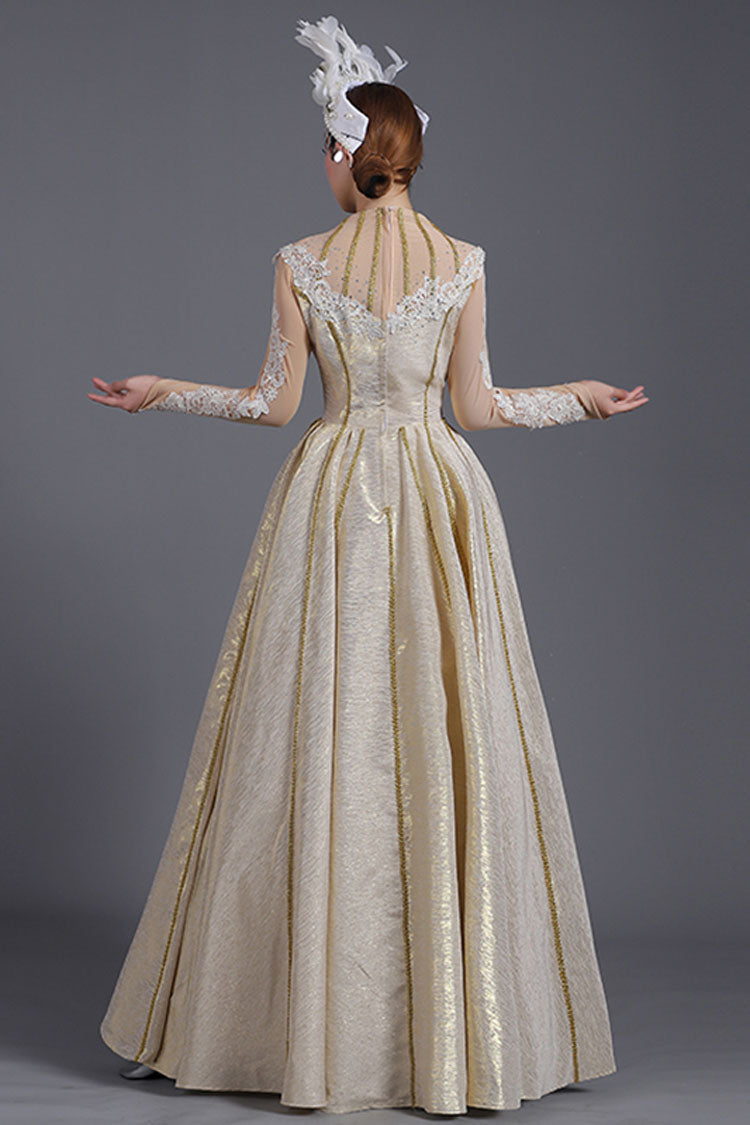 Gold Embroidered Victorian Gown with High Waist - Altfashion Shop