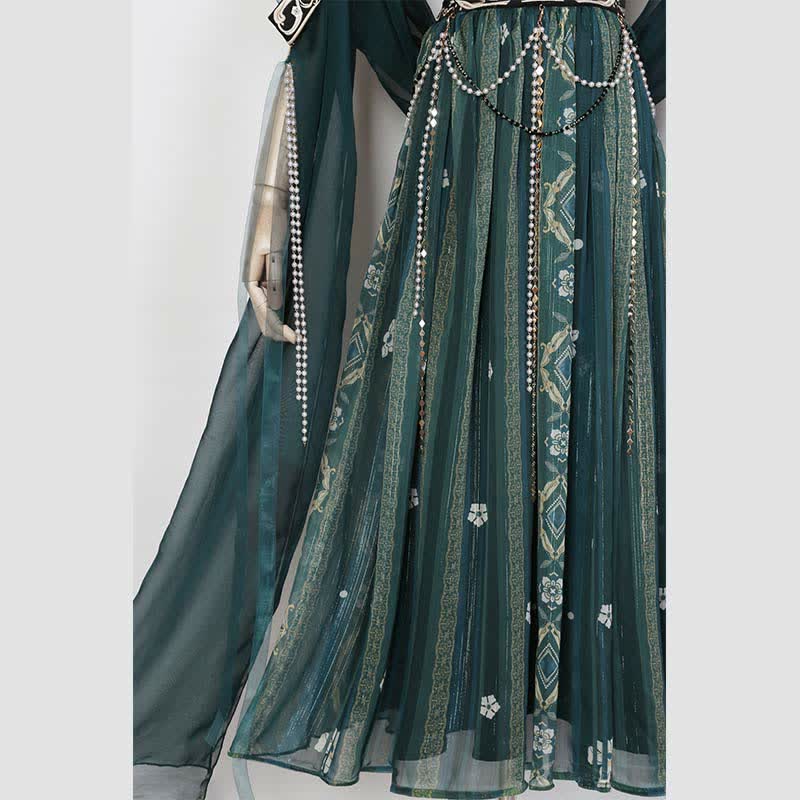 Fascinating Embroidery Top Pearl Chain Decor High Waist Skirt