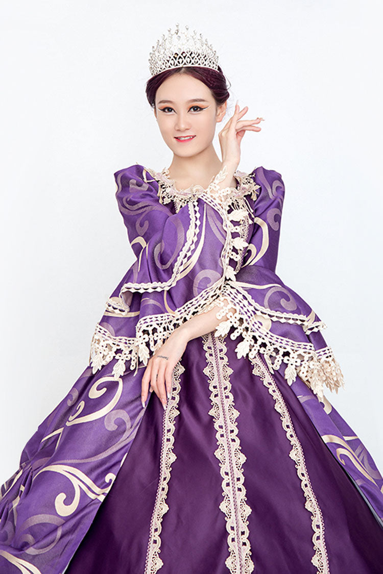 Purple Victorian Dress with Bell Sleeves and Floral Print - Altfashion Shop