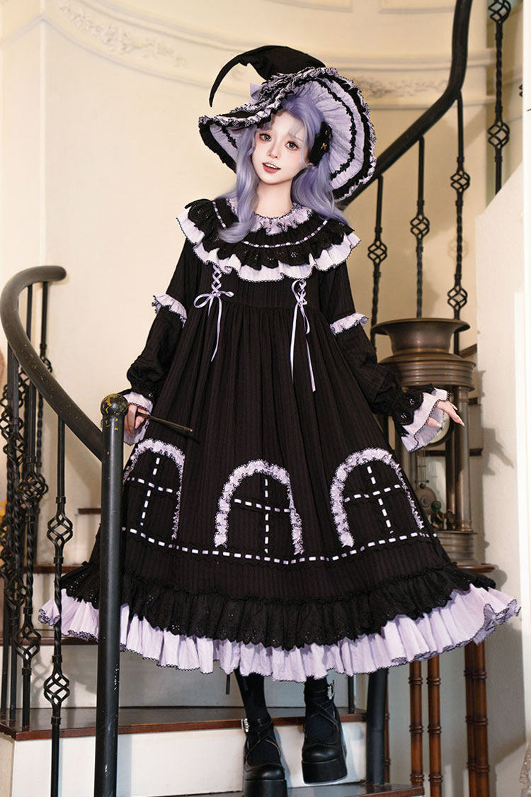 Noir Round Collar Long Sleeve Double Ruffle Lace-Up Dress - Twin Lilian