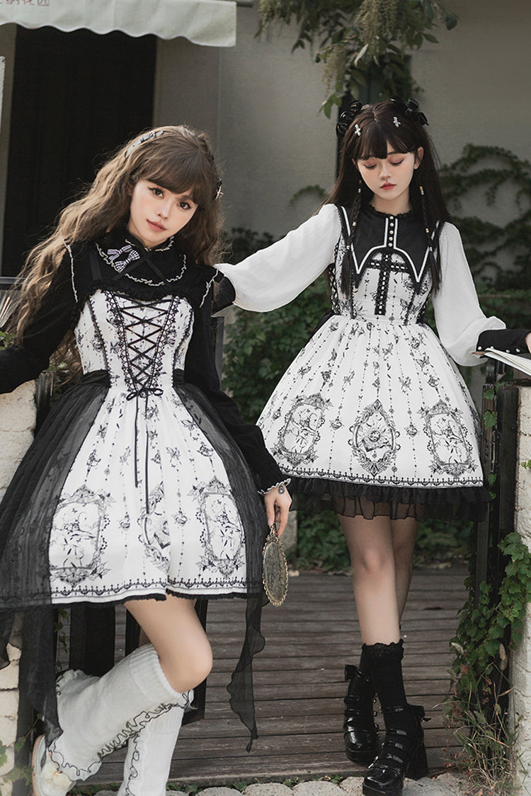 Black and White Sleeveless Gothic JSK Dress with Butterfly Print