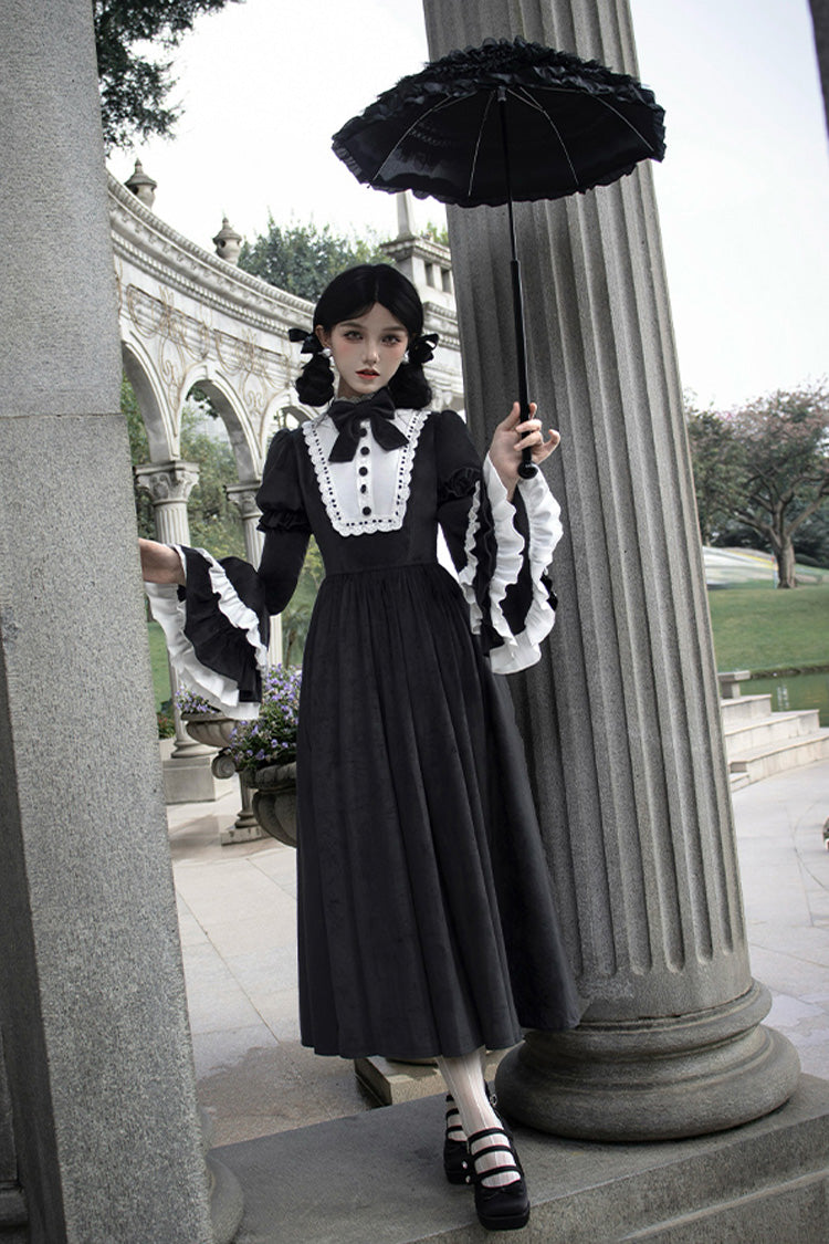 Black Sleepless Night Long Hime Sleeves Ruffle Bow Gothic Dress