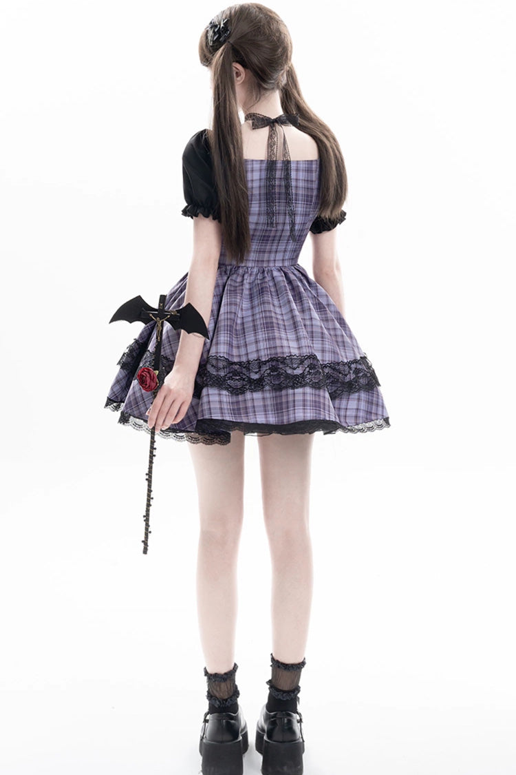 Purple Witch Time Short Puff Sleeves Plaid Print Bow Lace Sweet Dress
