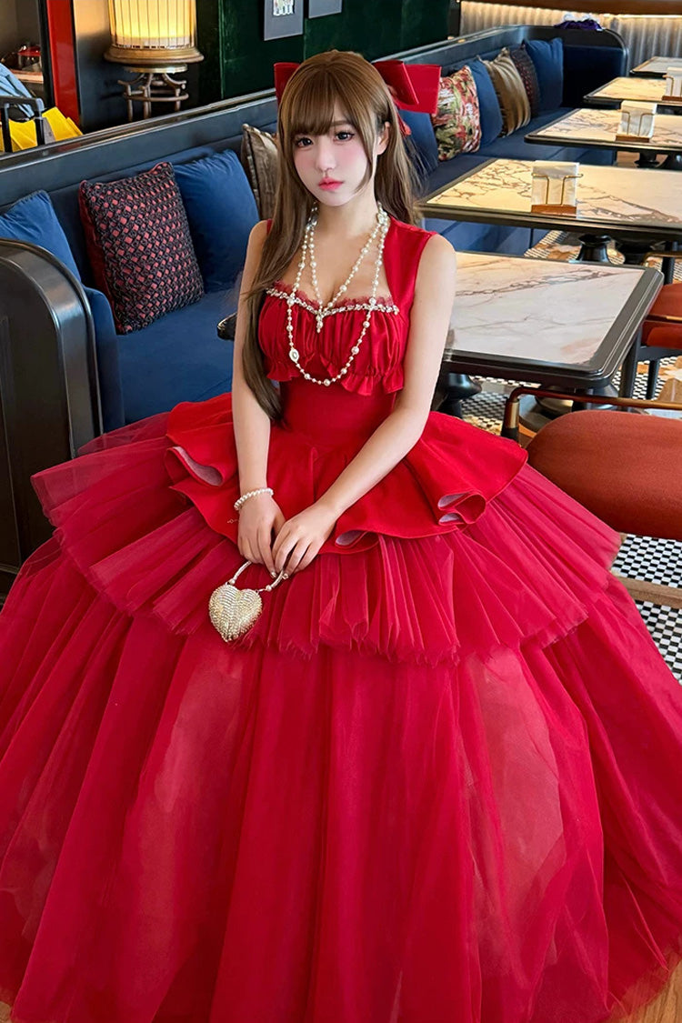 Crimson Romantic Rose Square Neck Sleeveless Ruffled Classic Ballet Lolita Gown
