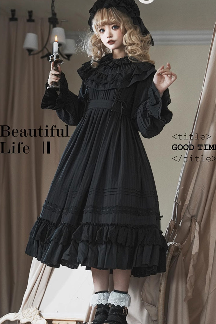 Black Good Night Long Sleeve Double-Layered Ruffle Bowknot Holy Dress