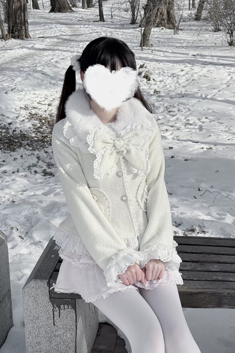 Diamond Strawberry Long Sleeve Bow Lace Pearl-Adorned Sweet Jirai Kei Lolita Coat in Three Colors