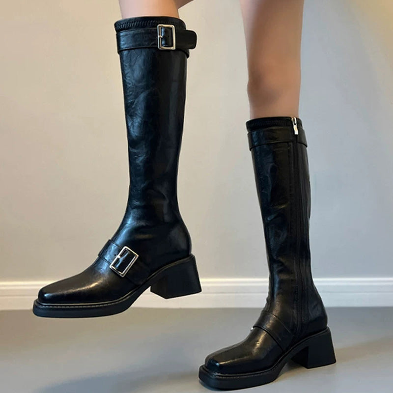 Classic Buckled Lolita Knee-High Boots - Black and Brown
