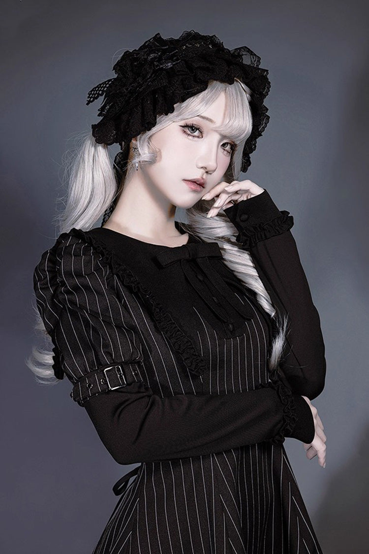 Black Long Sleeve Vertical Stripe Print Ruffled Bow Jirai Kei Witch Set
