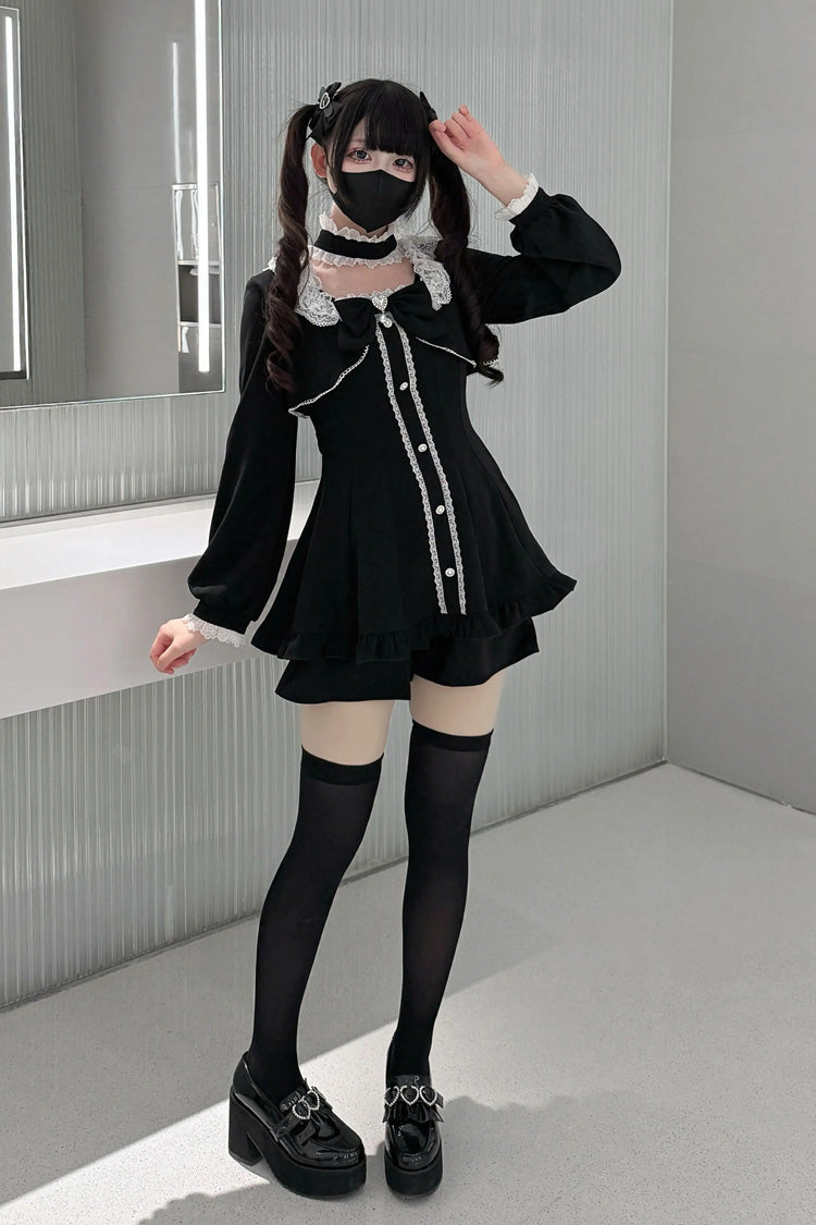 Noir Long Sleeve Ruffled Bow Lace Jirai Kei Dress Shorts Set - Twilight Prelude